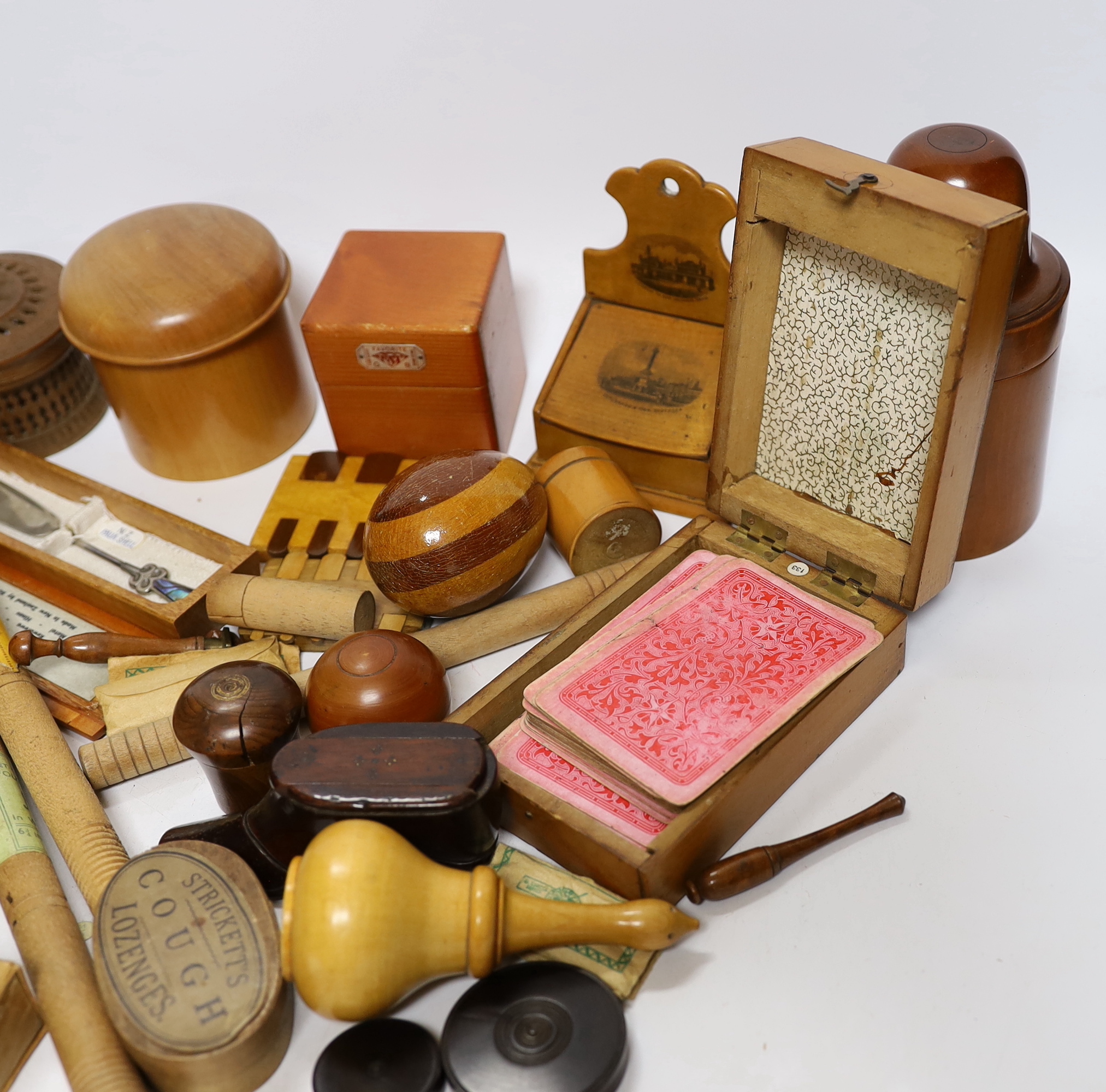 A quantity of assorted treen items and playing cards